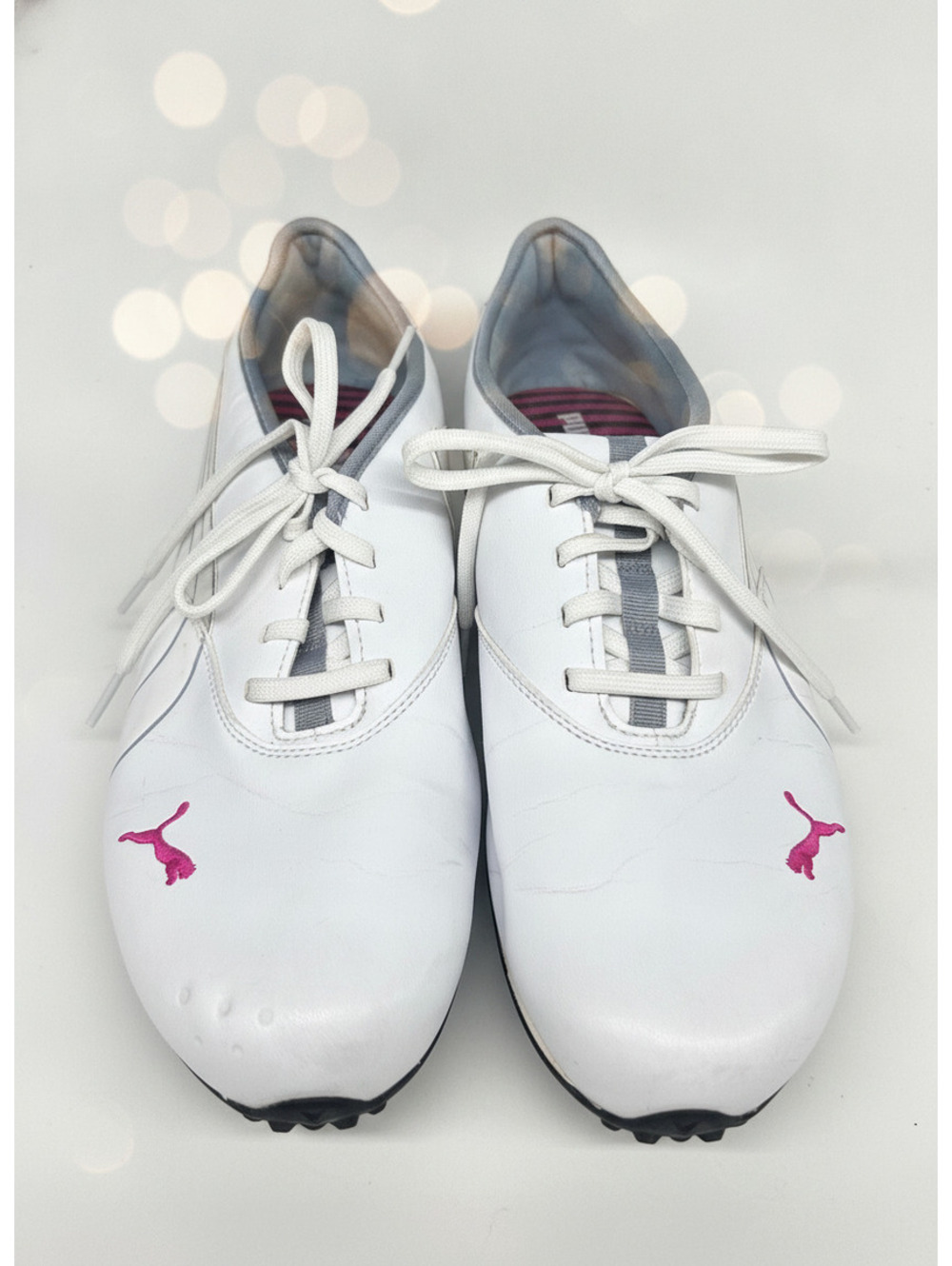 Puma Womens 10.5 White Leather Spikeless Golf Shoes Hot Pink Logo
